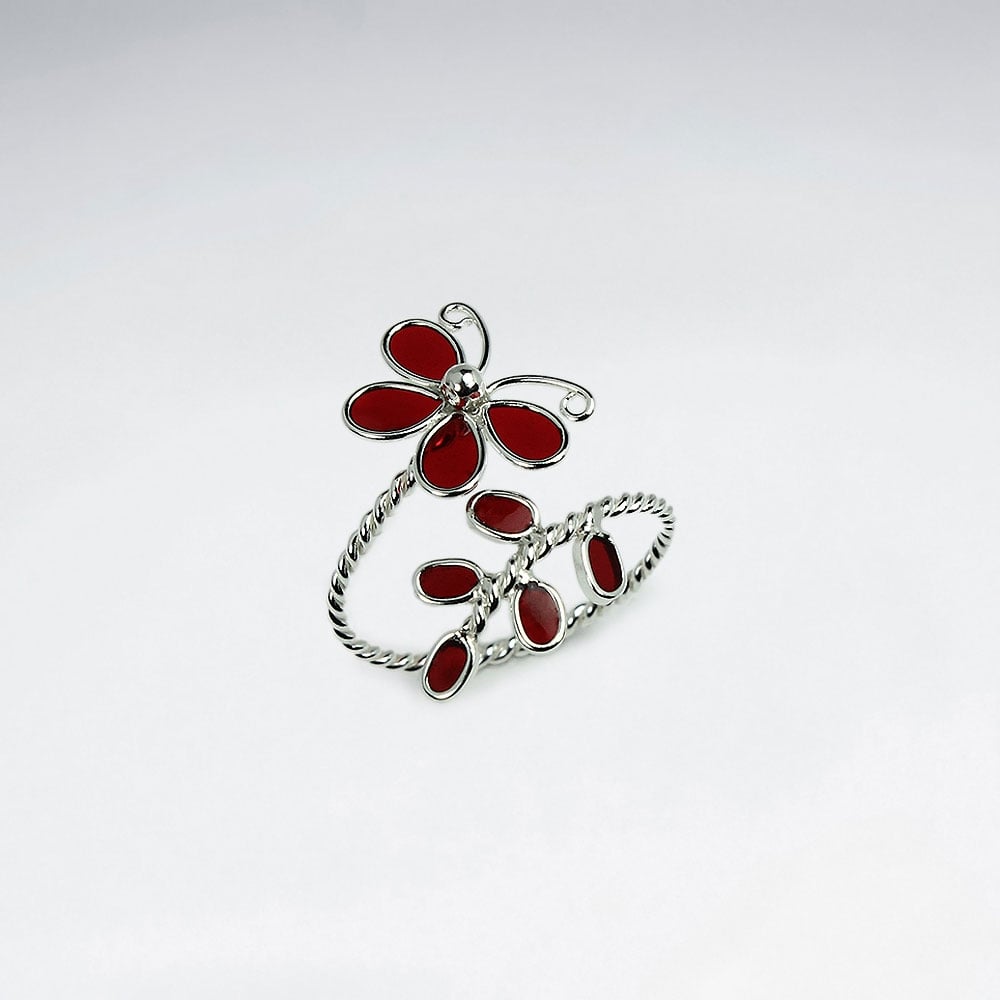 Sterling Silver Butterfly Red Enamel Wrap Ring