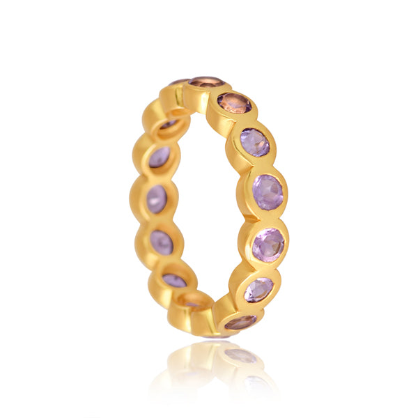 Silver Gold Ring With Pink Amethyst Round Cut