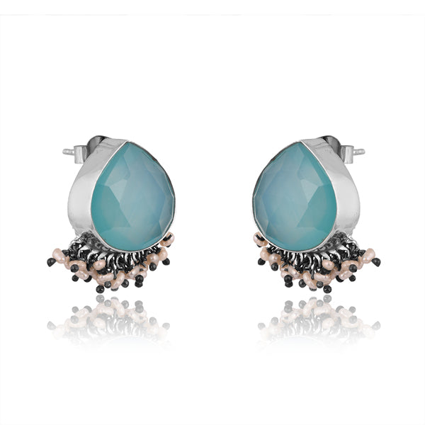 Sterling Silver Earrings With Aqua Chalcedony And Pearl Bead