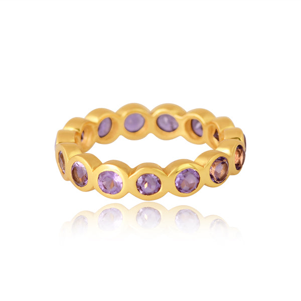 Silver Gold Ring With Pink Amethyst Round Cut