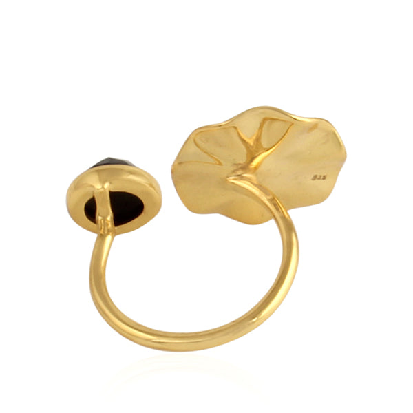 Wavy Disc Design Gold Plated Silver Black Onyx Gemstone Ring Jewelry