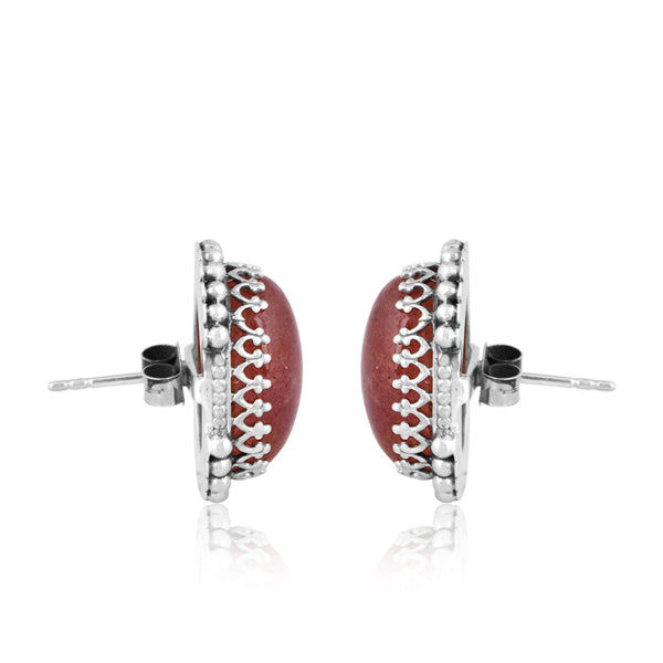 Silver Stud Earring With Strawberry Quartz Cabochon Gem