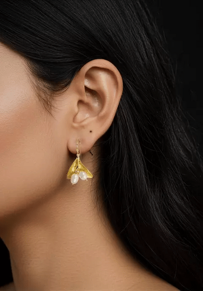 Sterling Silver Mistletoe Freshwater Pearl Hook Matte 18K Gold Plated With E-Coating Earrings