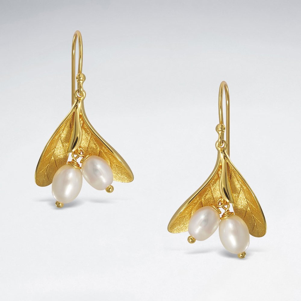 Sterling Silver Mistletoe Freshwater Pearl Hook Matte 18K Gold Plated With E-Coating Earrings