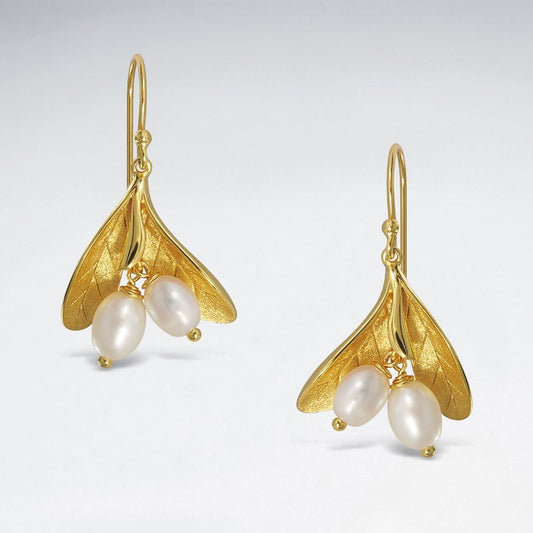 Sterling Silver Mistletoe Freshwater Pearl Hook Matte 18K Gold Plated With E-Coating Earrings