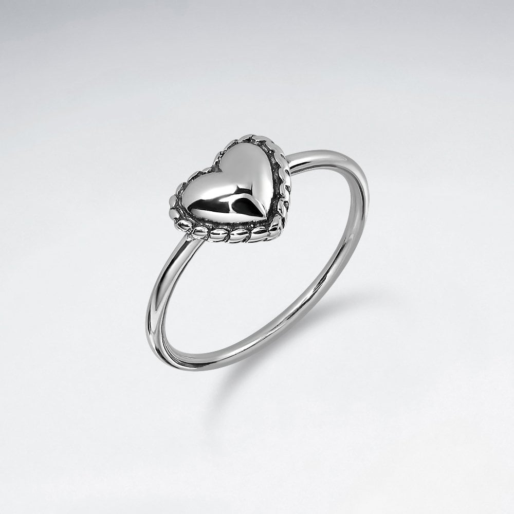 Sterling Silver Heart Oxidized Ring with Rope Trim Detail