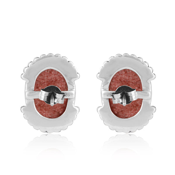 Silver Stud Earring With Strawberry Quartz Cabochon Gem