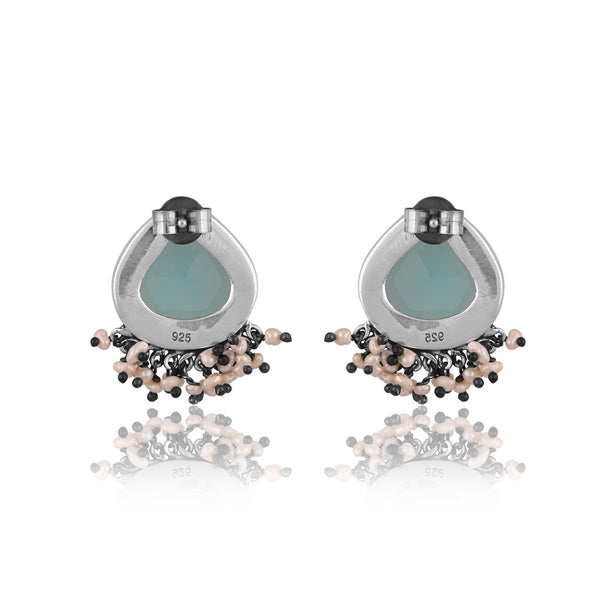 Sterling Silver Earrings With Aqua Chalcedony And Pearl Bead