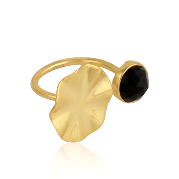 Wavy Disc Design Gold Plated Silver Black Onyx Gemstone Ring Jewelry
