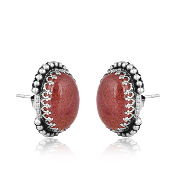 Silver Stud Earring With Strawberry Quartz Cabochon Gem