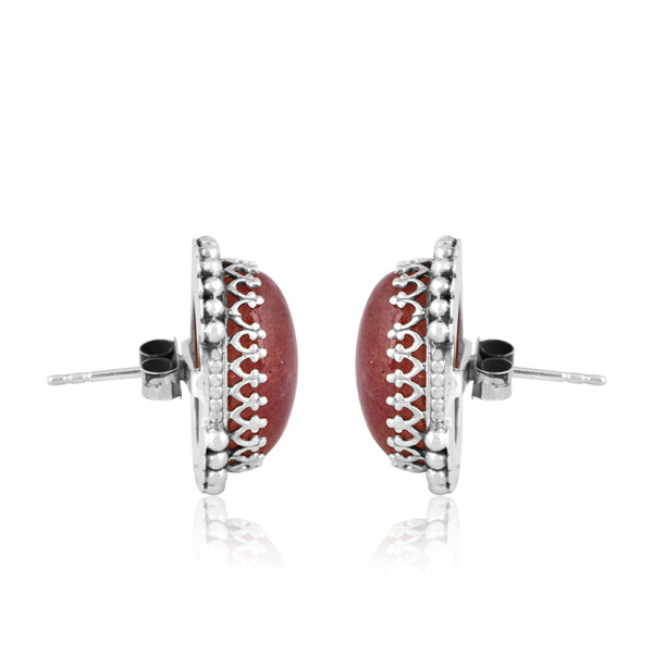 Silver Stud Earring With Strawberry Quartz Cabochon Gem