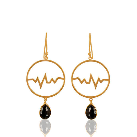 Hematite Studded Simple Heartbeat Gold Plated Designer Silver Earring