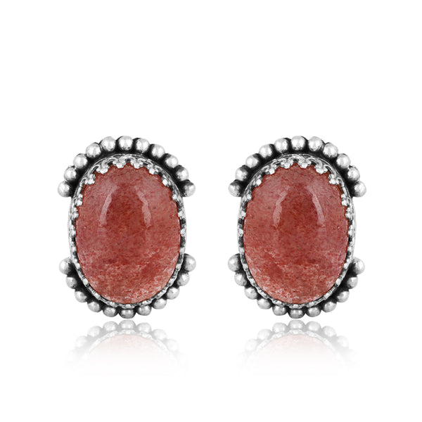 Silver Stud Earring With Strawberry Quartz Cabochon Gem