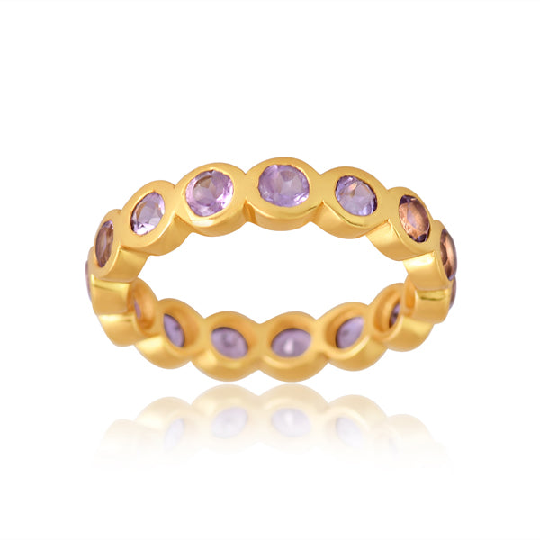Silver Gold Ring With Pink Amethyst Round Cut