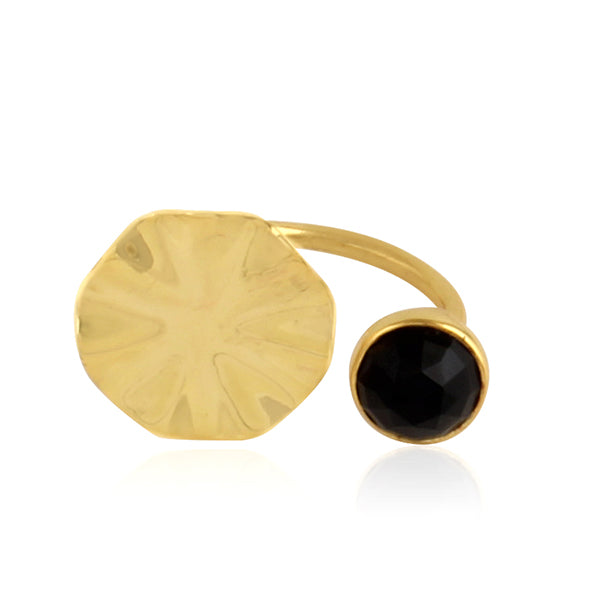 Wavy Disc Design Gold Plated Silver Black Onyx Gemstone Ring Jewelry